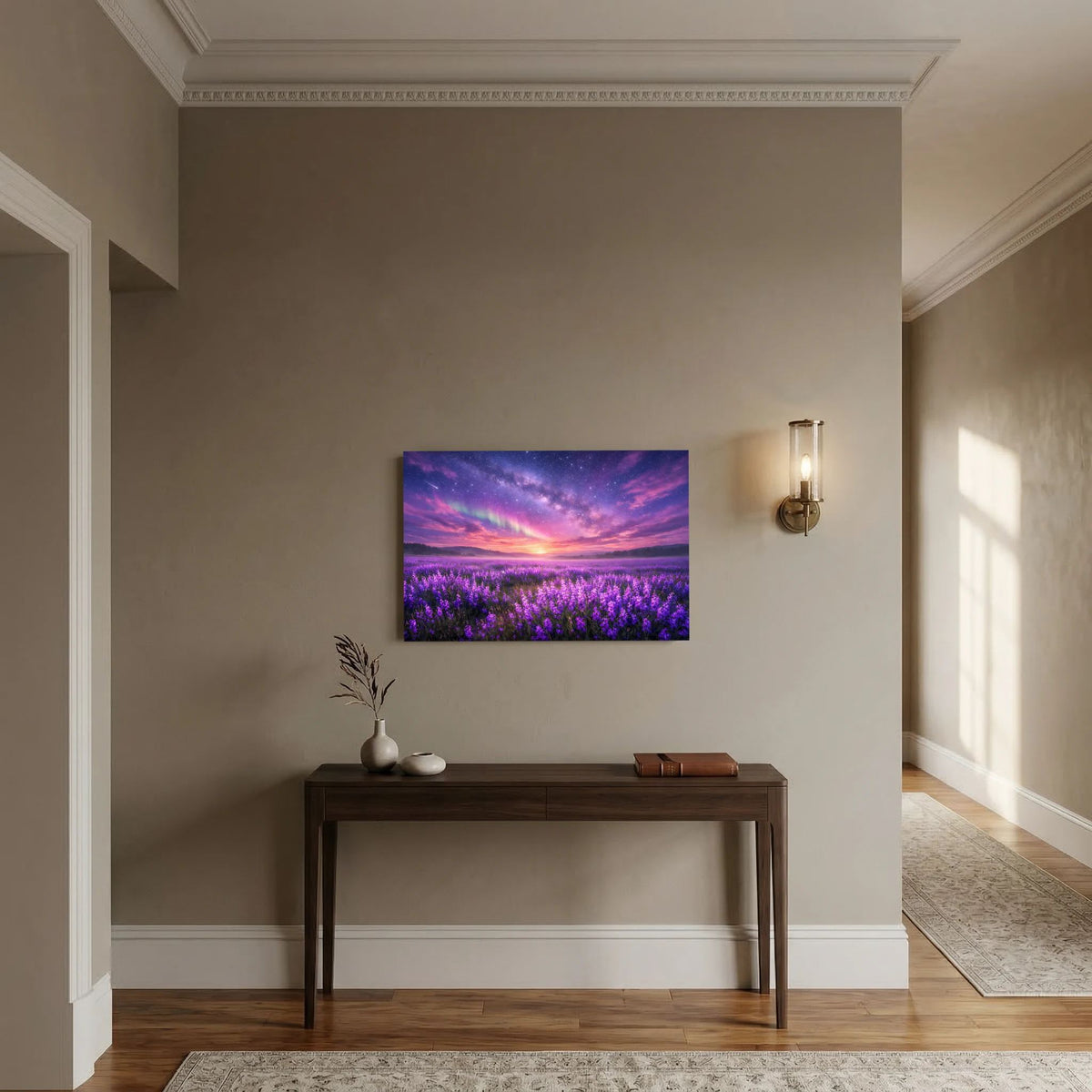 Lavendelfeld-Poster mit Sonnenuntergang und Sternenhimmel im Querformat