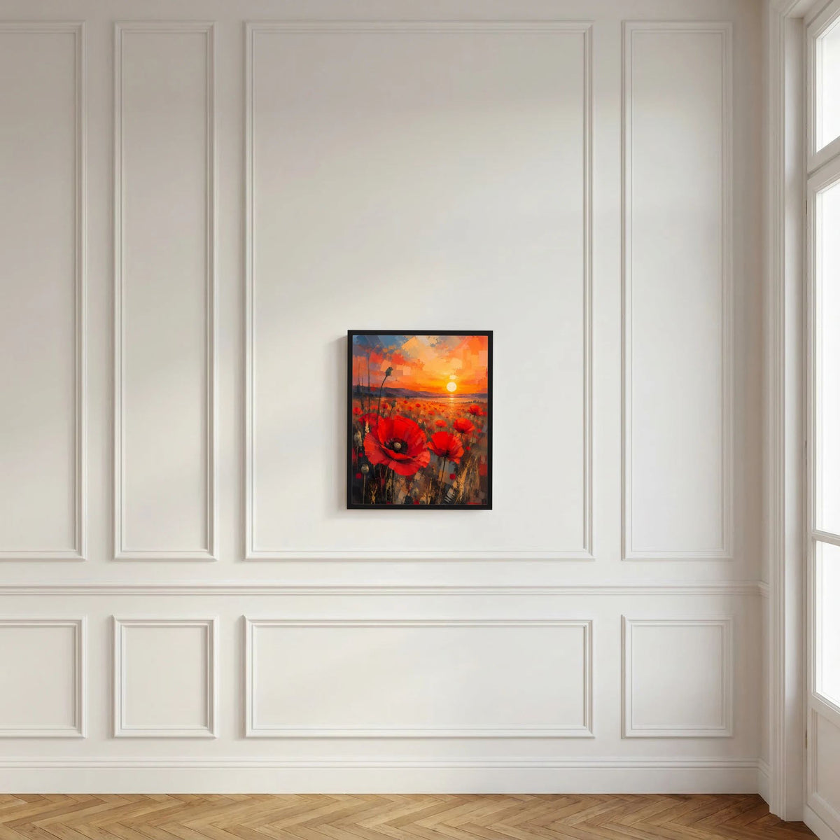 Gerahmtes Poster mit roten Mohnblumen, abstrakter Landschaft und orangefarbener Sonne