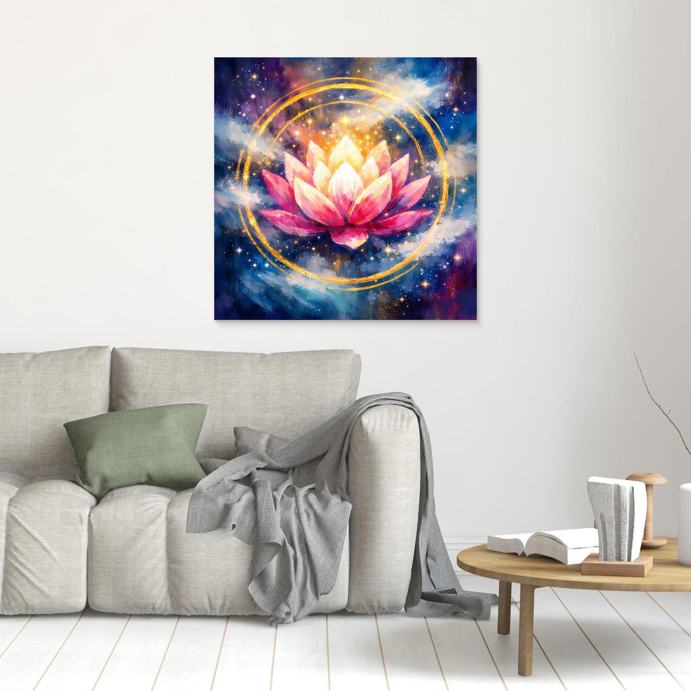 Quadratisches Leinwand-Wandbild mit Lotusblüte im Kosmos und goldenen Kreisen