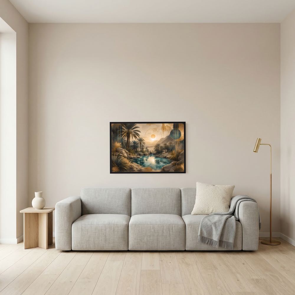Querformat-Poster mit Oasenlandschaft, türkisfarbenem Wasser und Palmen im dunklen Rahmen