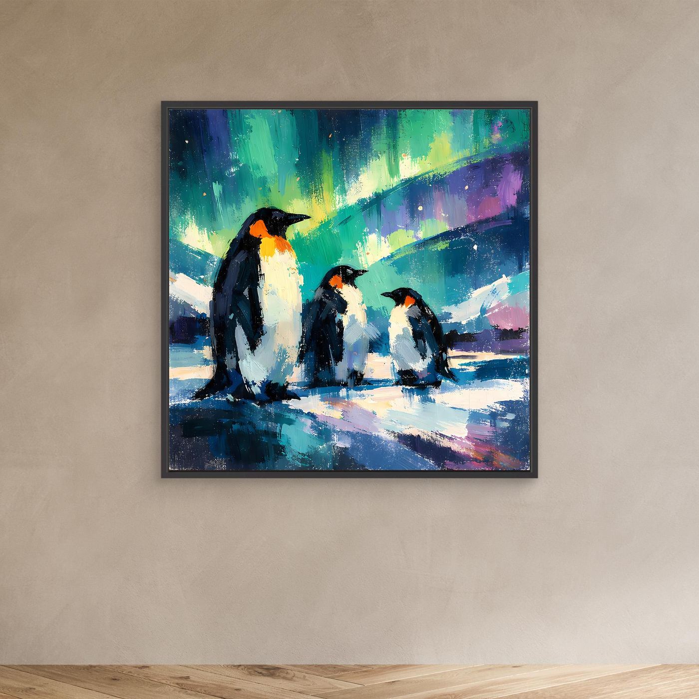 Leinwand Majestätische Pinguine unter Polarlichtern | Abstraktes Antarktis & Nordlicht Wandbild
