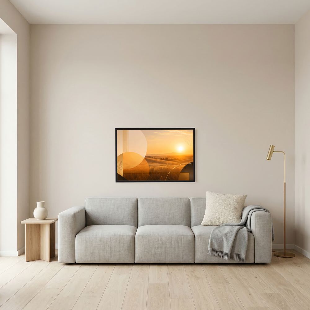 Gerahmtes Querformat-Poster mit abstrakter Landschaft in warmen Erdtönen, schwarzer Rahmen