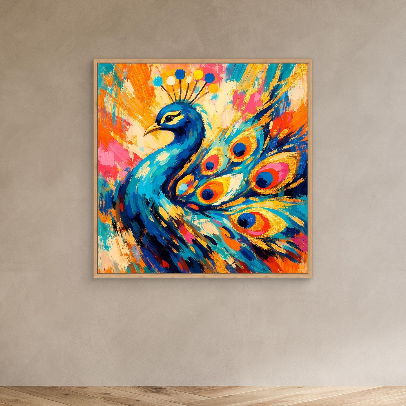 Leinwandbild mit abstraktem Pfau im schmalen Holzrahmen, blaugrüner Vogel und bunte Augen