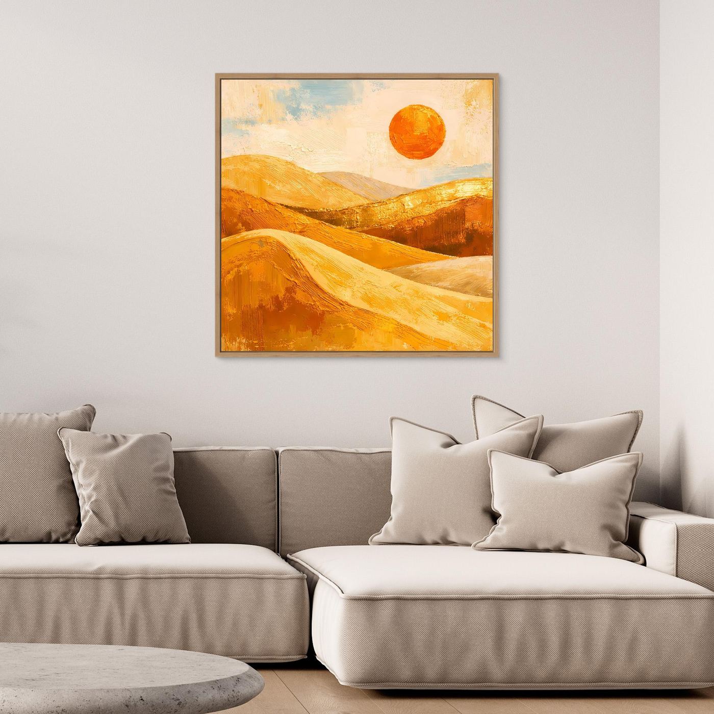 Abstraktes Leinwand-Wandbild mit goldenen Dünen und roter Sonne im Holzrahmen