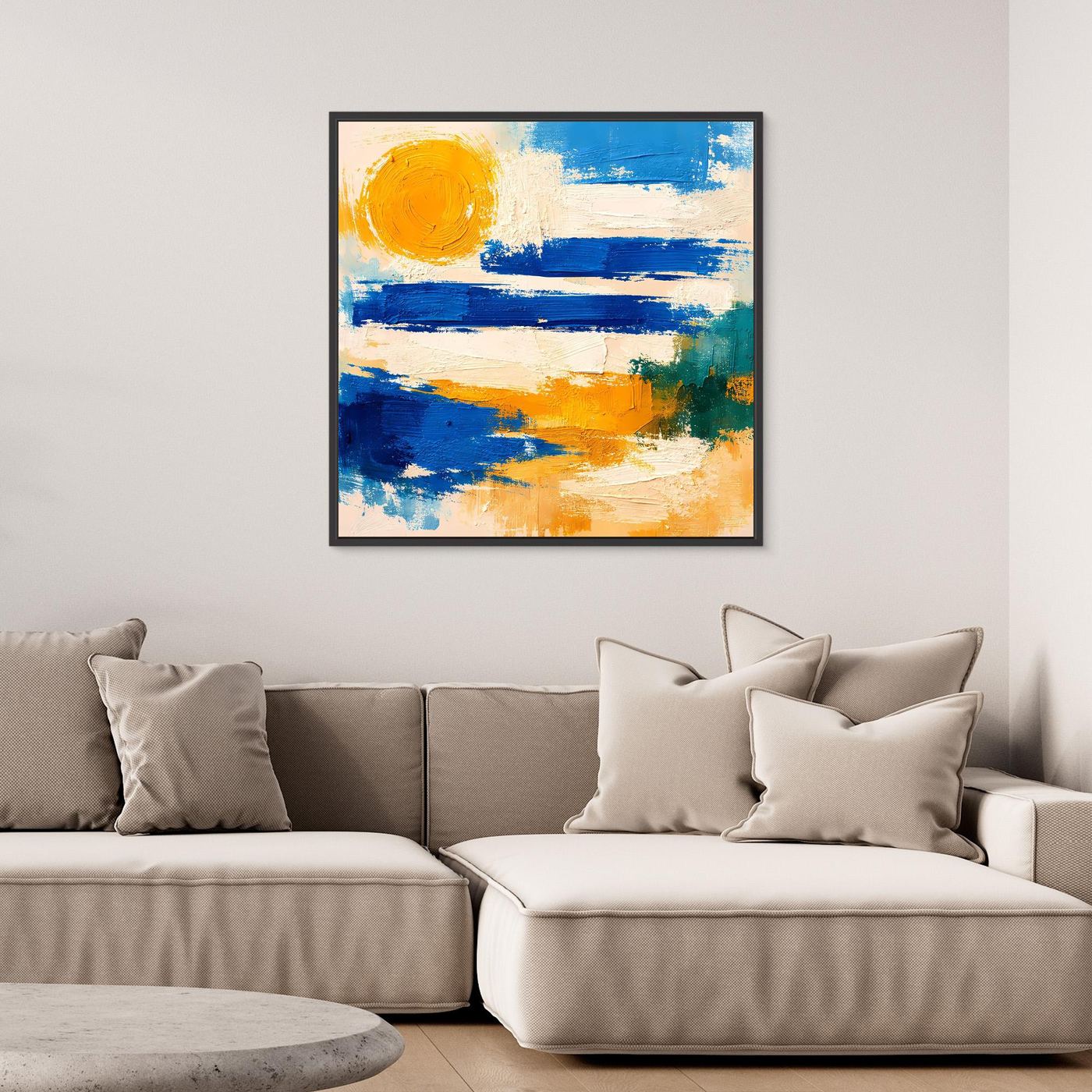 Abstract seascape wall art with blue and yellow brushstrokes, black frame