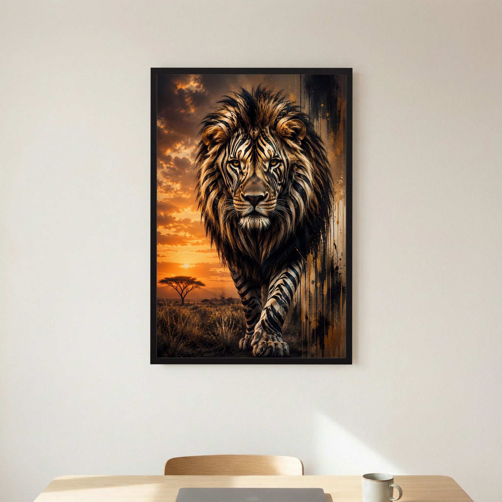Löwenposter im Hochformat mit schwarzem Rahmen, Löwe mit Zebramuster