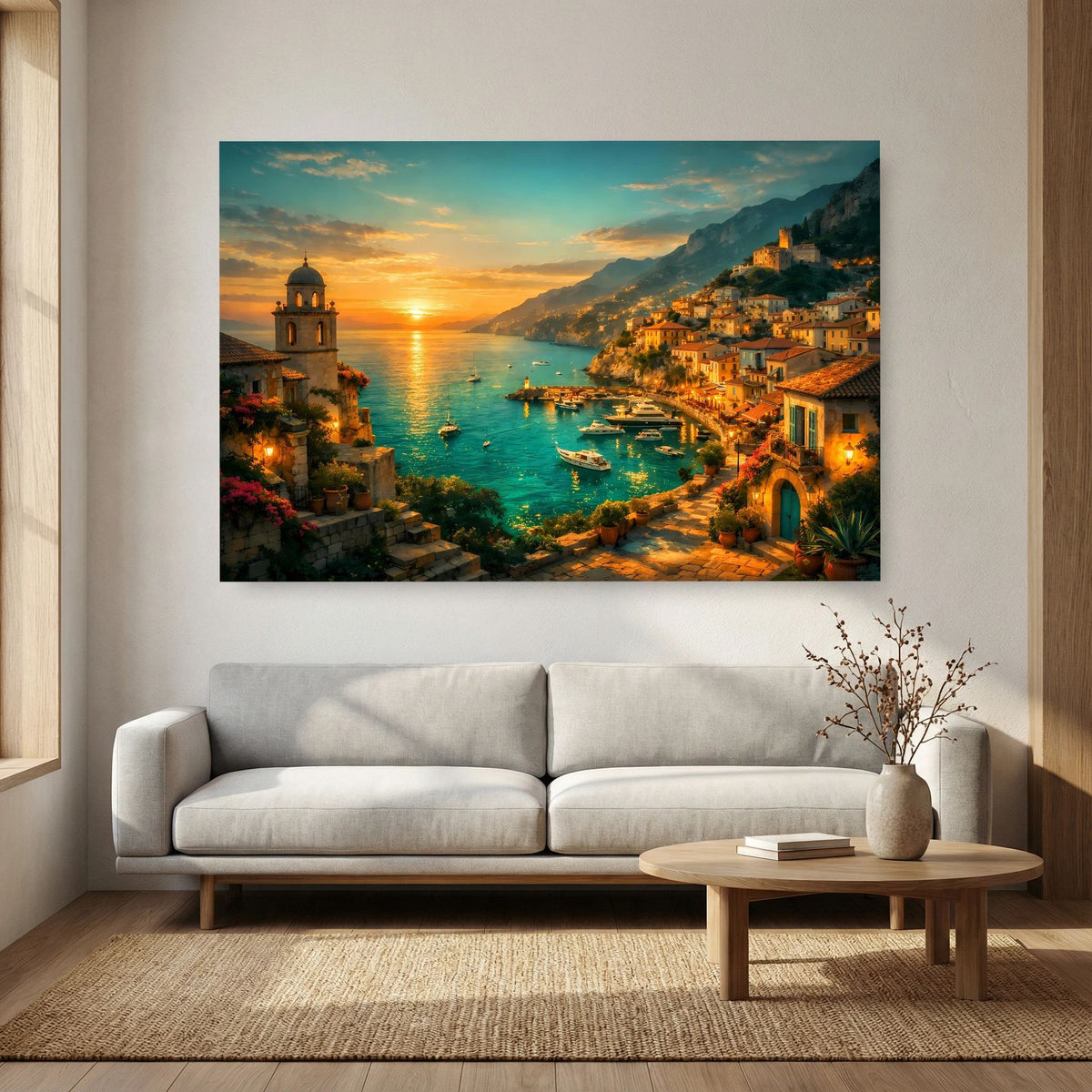 Querformatiges Wandbild mit Hafenbucht, türkisem Wasser und beleuchteten Häusern am Hang
