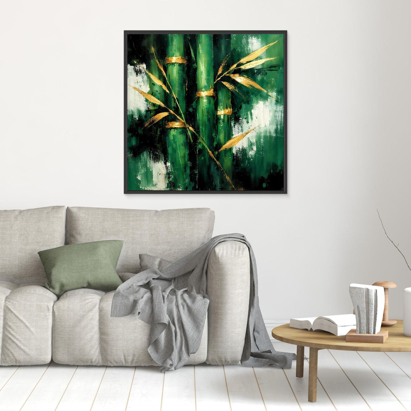 Leinwand Abstraktes Bambus Gemälde in Grün und Gold | Modernes Natur Wandbild