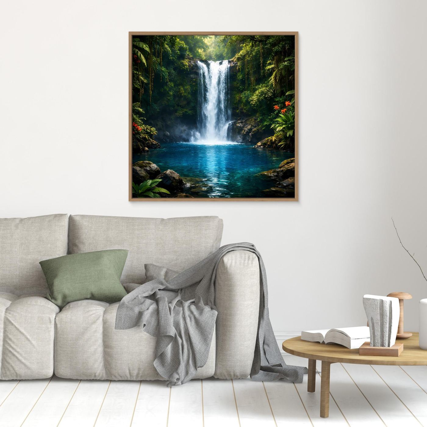 Leinwandbild mit Wasserfall im Dschungel, in Wohnraum aufgehängt, goldbrauner Rahmen