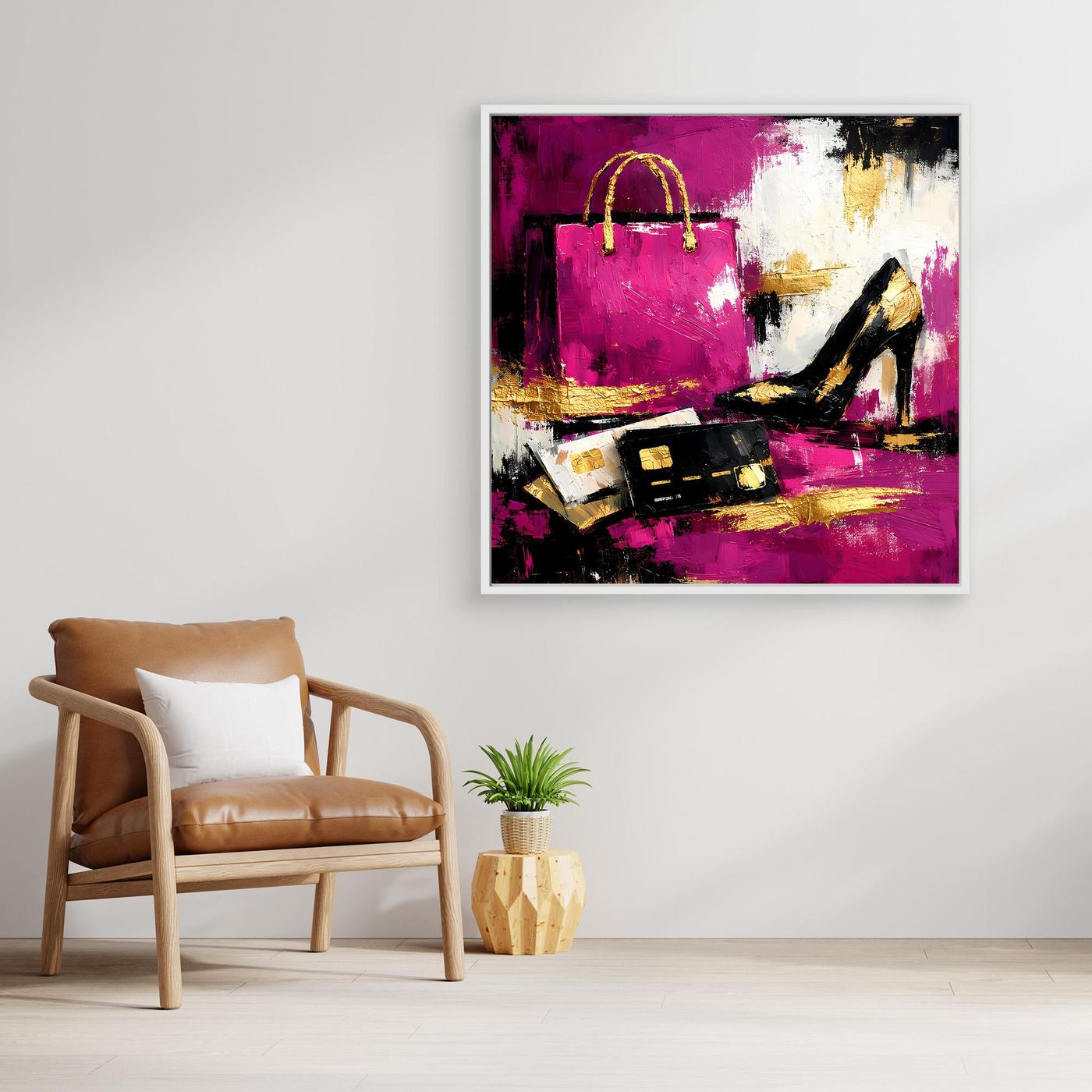 Leinwand Abstraktes Fashion Wandbild in Pink und Gold | Modernes High Heels & Shopping Gemälde