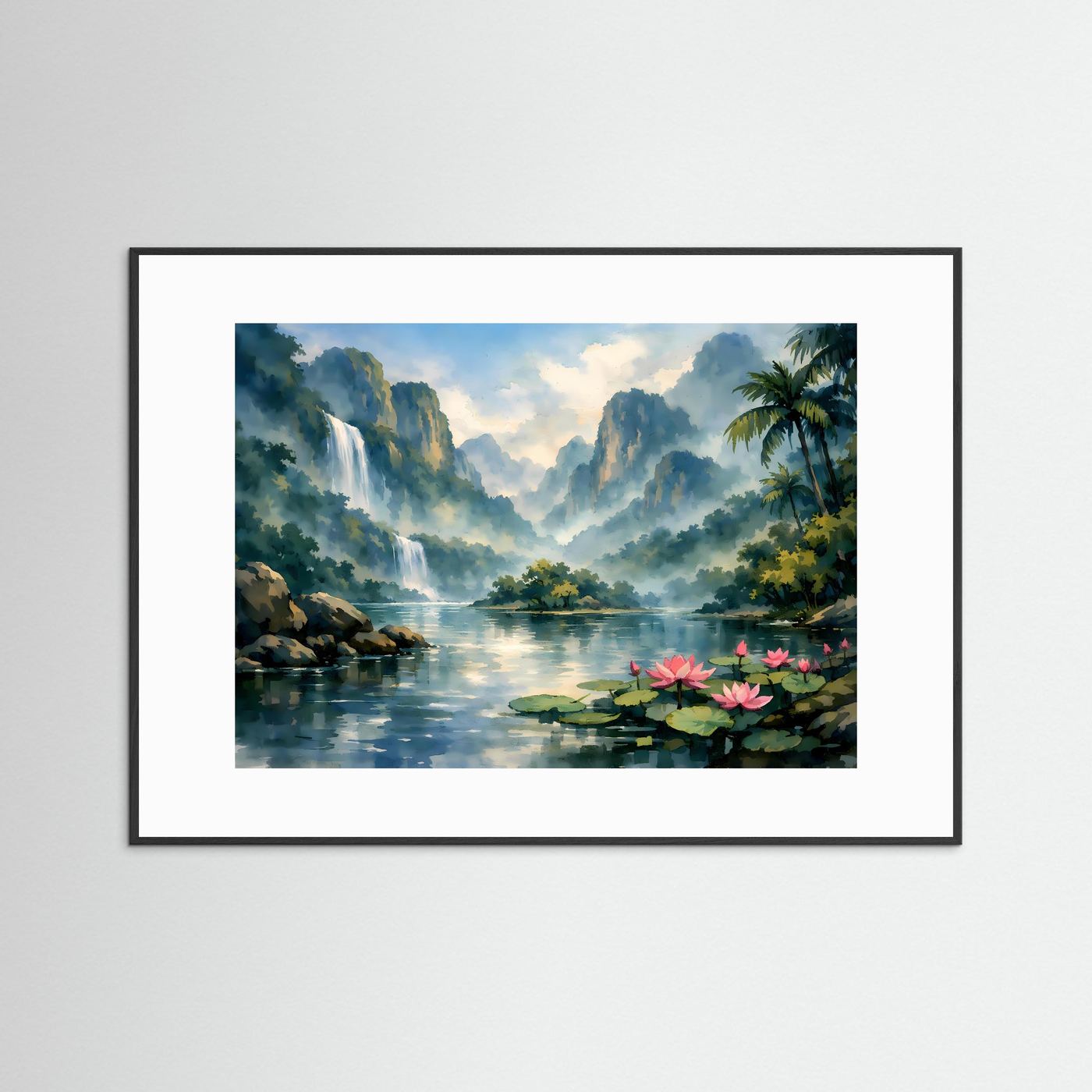 Querformatiger Kunst-Print im schwarzen Rahmen mit weißem Passepartout: Wasserfall, Seerosen, Palmen.