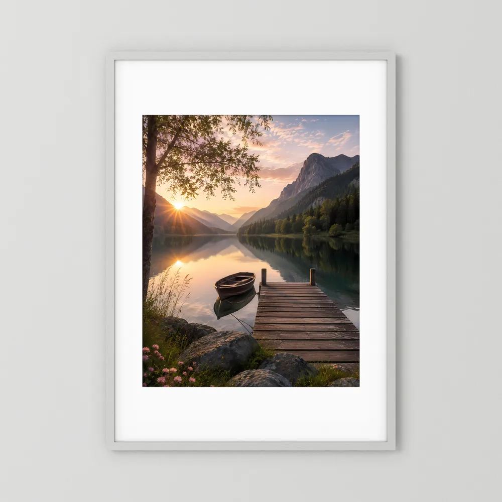 Poster mit weißem Passepartout: See, Boot und Holzsteg bei Sonnenaufgang