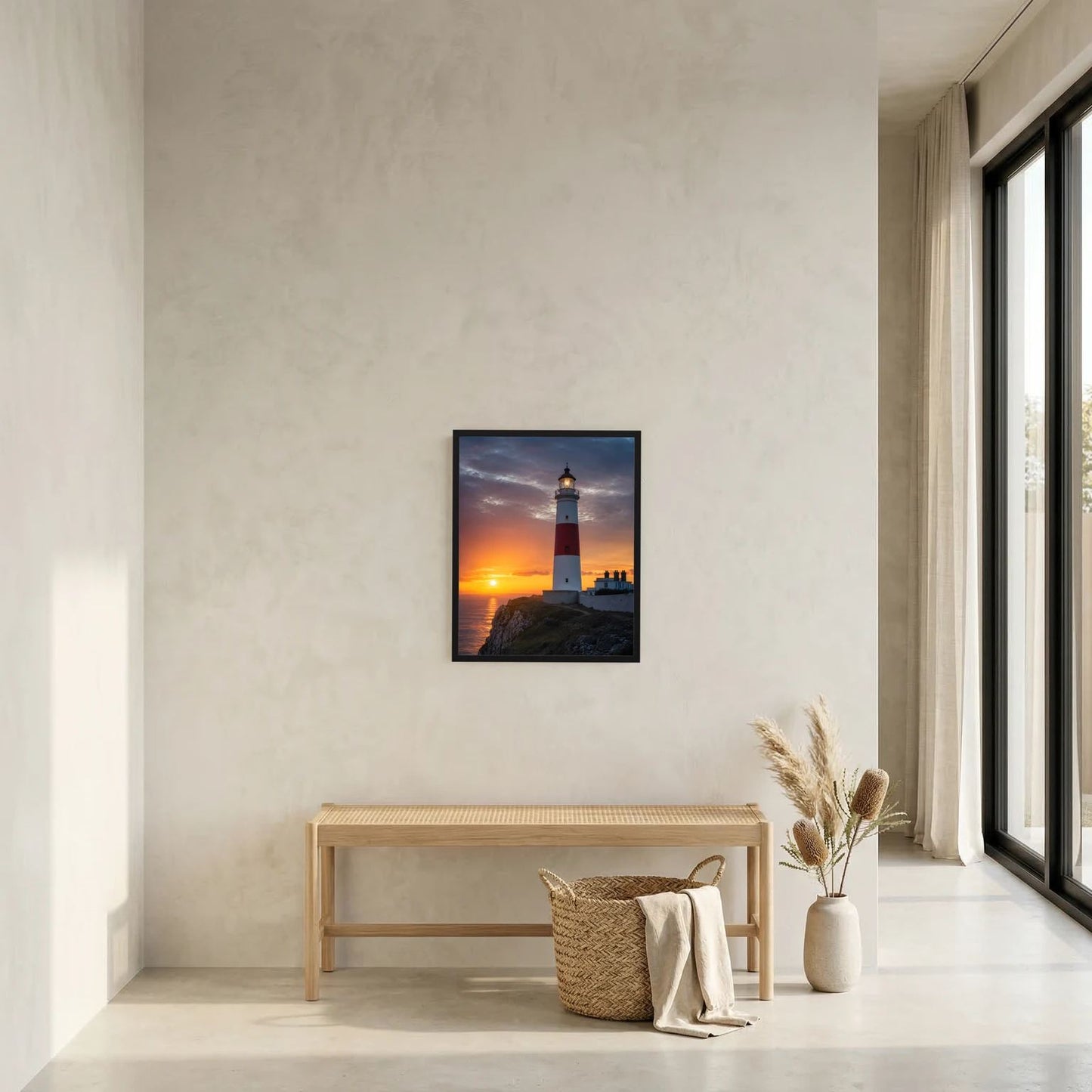 Gerahmtes Wandposter mit Leuchtturm am Meer bei Sonnenuntergang