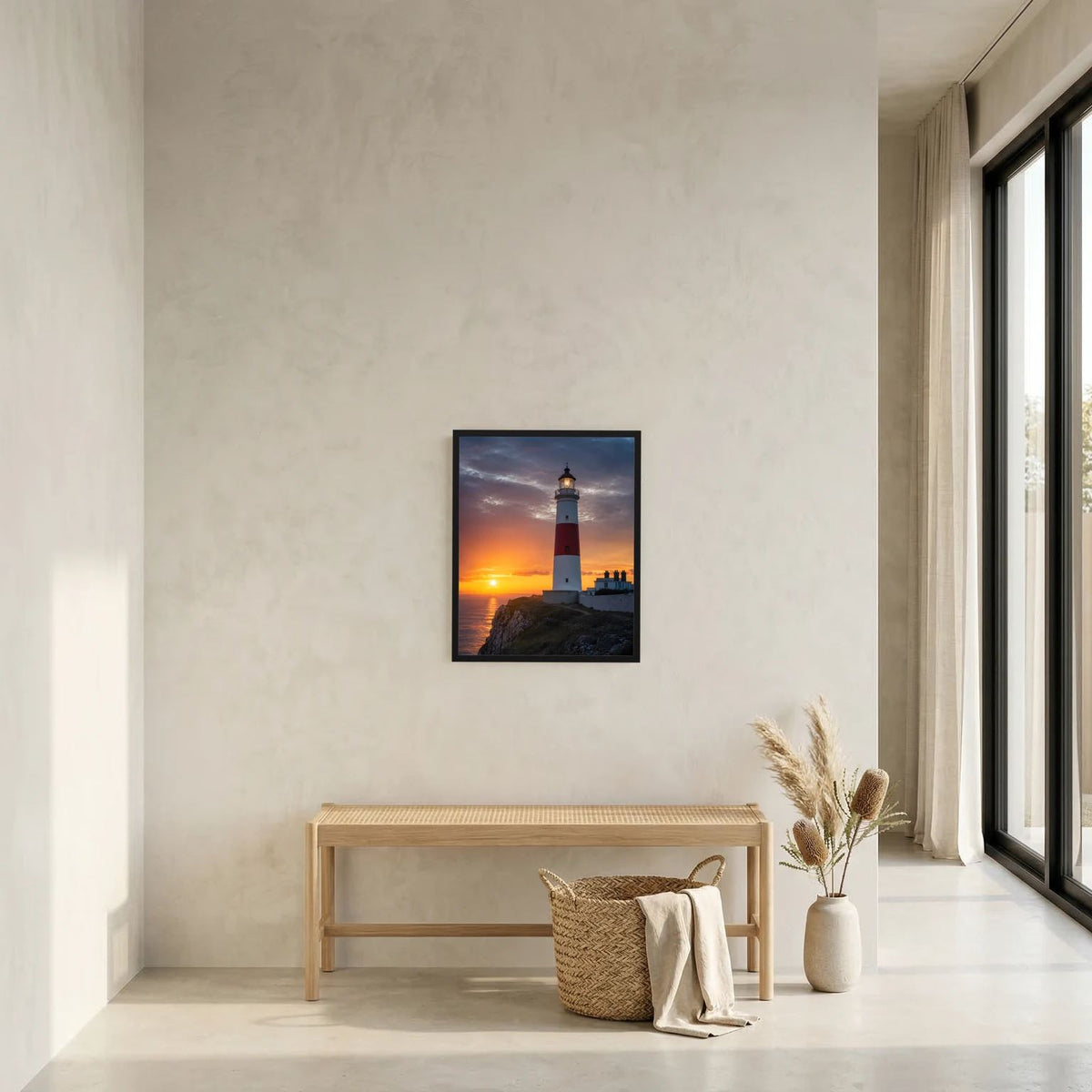 Gerahmtes Wandposter mit Leuchtturm am Meer bei Sonnenuntergang