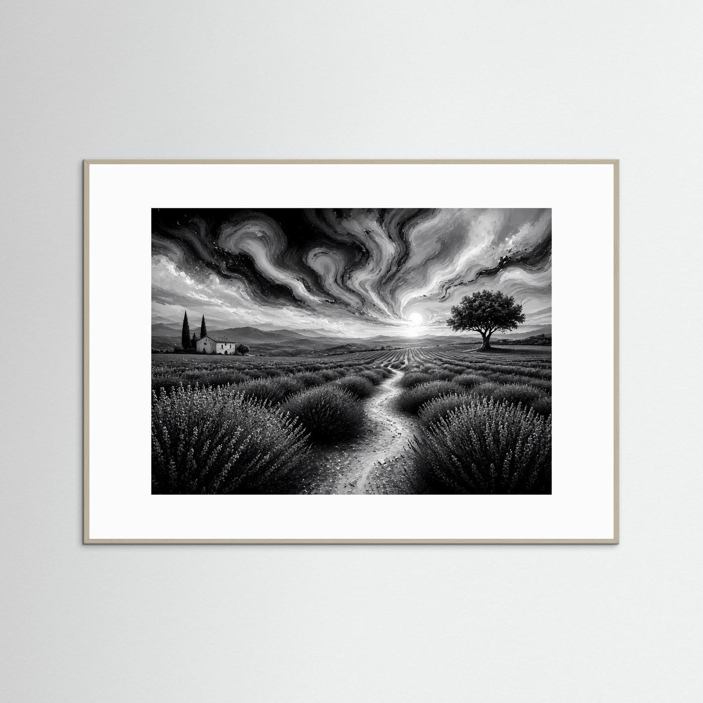 Lavendelfeld in Schwarz-Weiß | Abstrakte Landschaft mit dramatischem Himmel