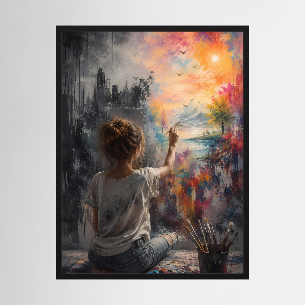 Hochformat-Poster mit schwarzem Rahmen: sitzende Frau malt abstrakte Stadt & Natur