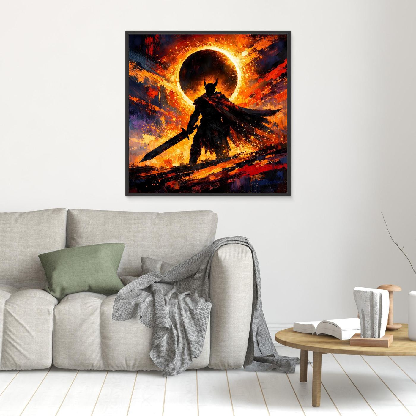 Quadratisches, gerahmtes Fantasy-Wandbild: dunkler Ritter-Silhouette vor leuchtender Sonnenfinsternis-Scheibe