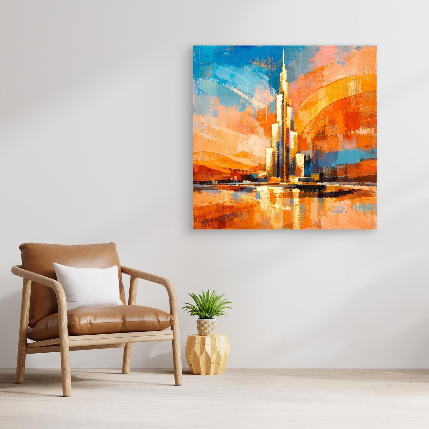 Gerahmtes Leinwand-Wandbild mit abstrakter Skyline und Spiegelung, blau-orange