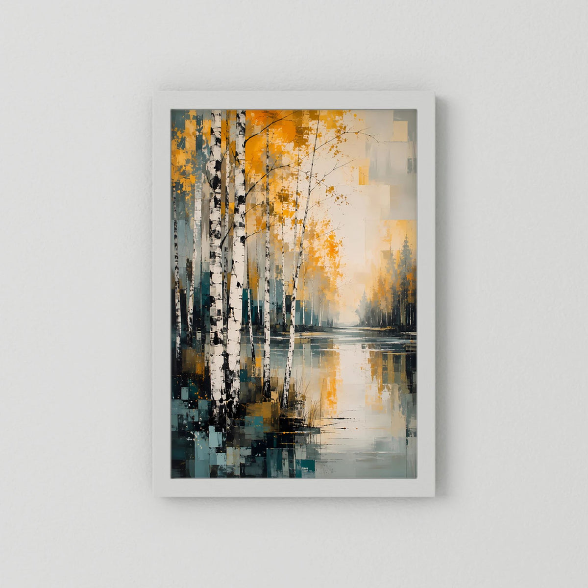 Poster mit abstrakter Herbstlandschaft, Birken und golden-petrolfarbenen Reflexionen