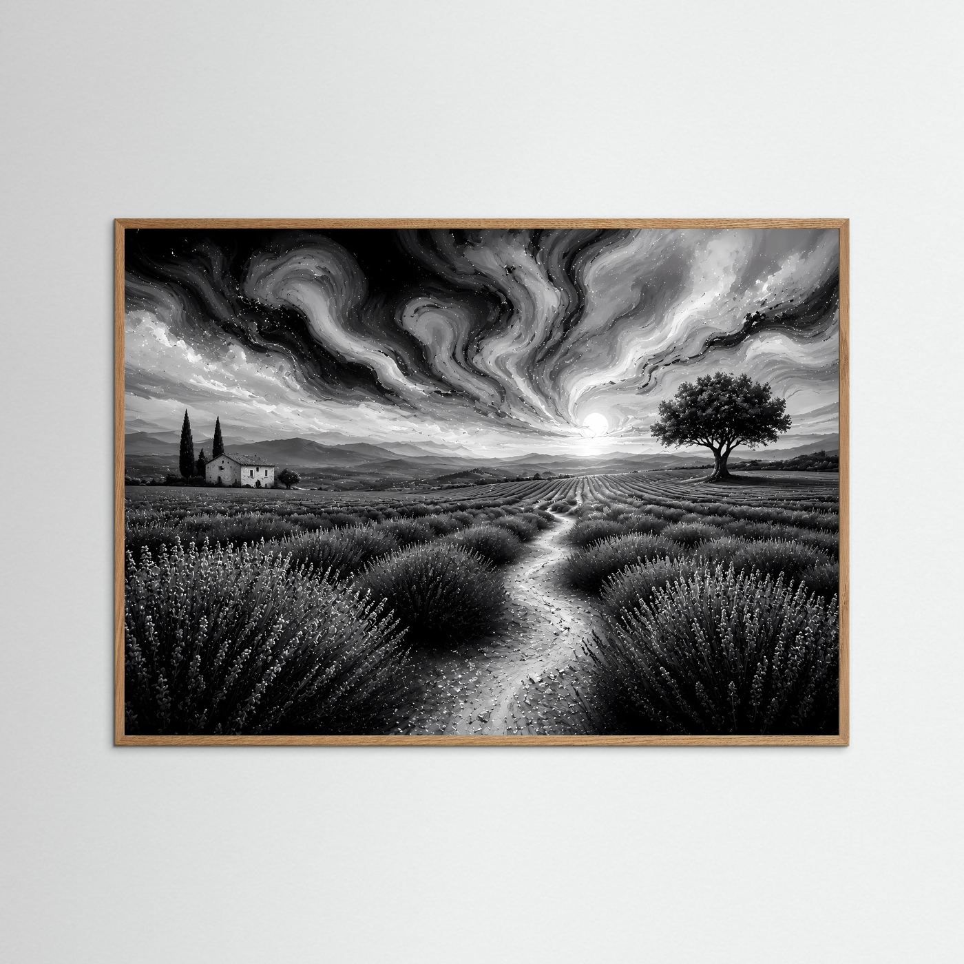 Lavendelfeld in Schwarz-Weiß | Abstrakte Landschaft mit dramatischem Himmel