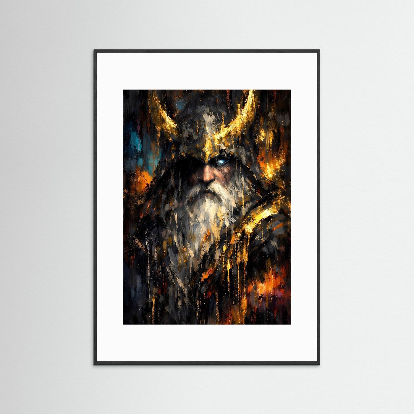 Wikinger-Poster im schwarzen Rahmen mit weißem Passepartout, Odin-Gesicht abstrakt