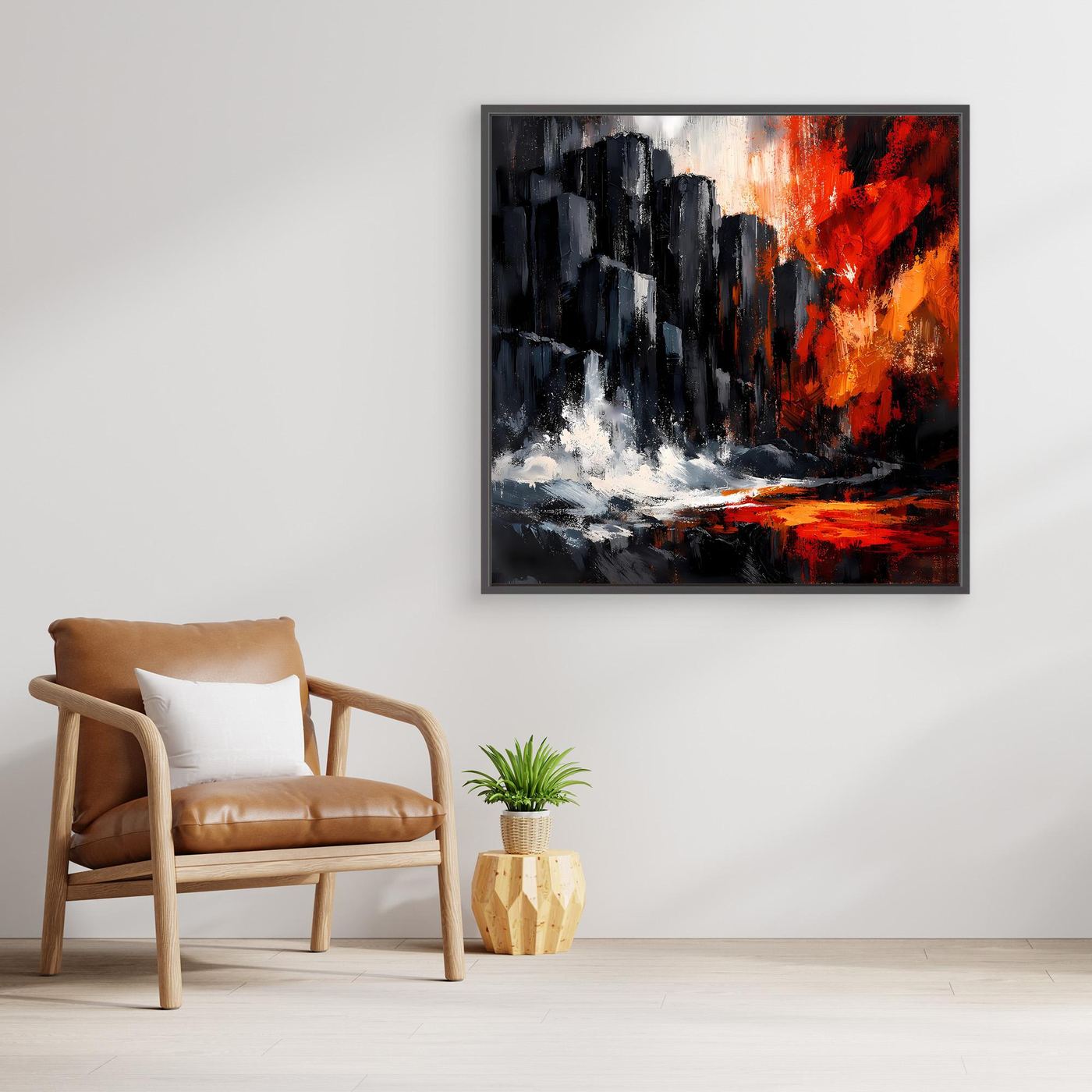 Leinwand-Wandbild mit abstrakten Felsklippen, rotem Sonnenuntergang und schwarzem Rahmen