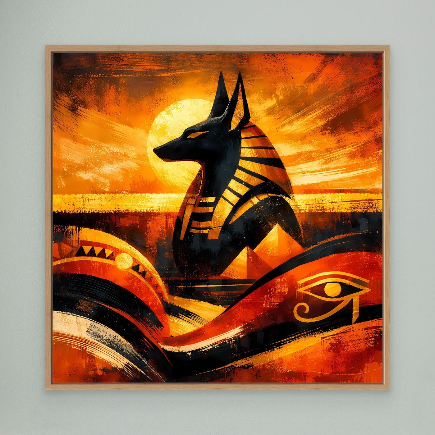 Abstraktes Anubis-Wandbild mit hellem Holzrahmen, schwarze Figur, Orange-Gelb