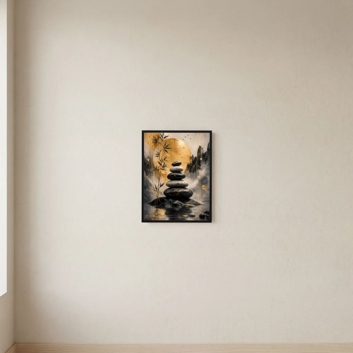 Zen-Poster mit schwarzem Rahmen: schwarze Steinsäule und goldener Bambus im Motiv.