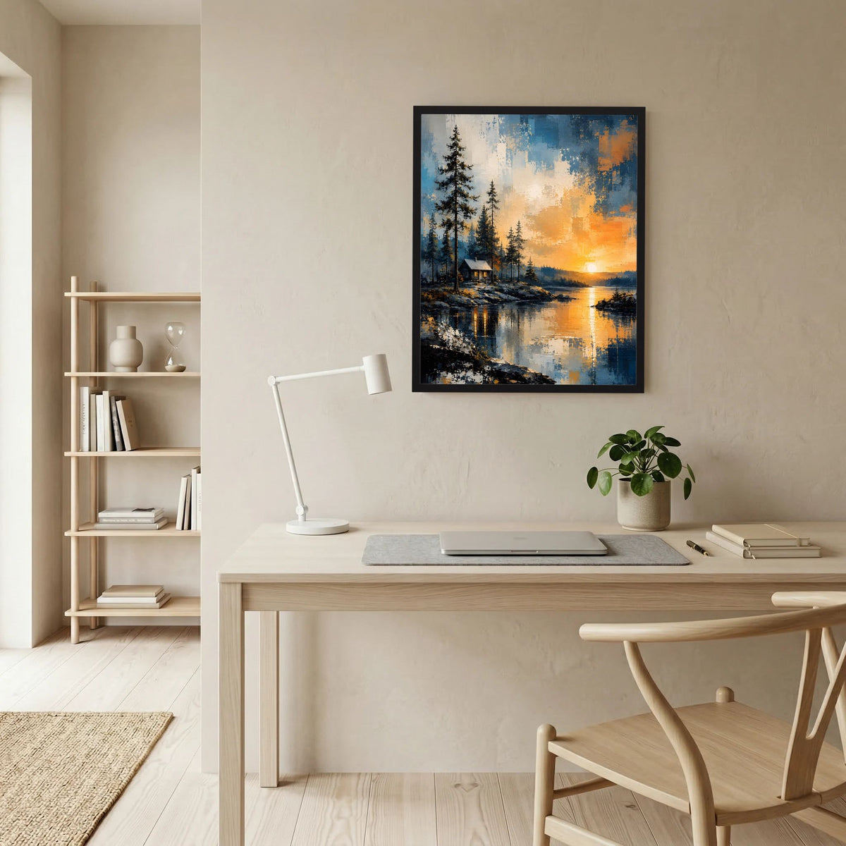 Wandbild im schwarzen Rahmen: Nadelwald, Hütte am See, Sonnenuntergangslicht