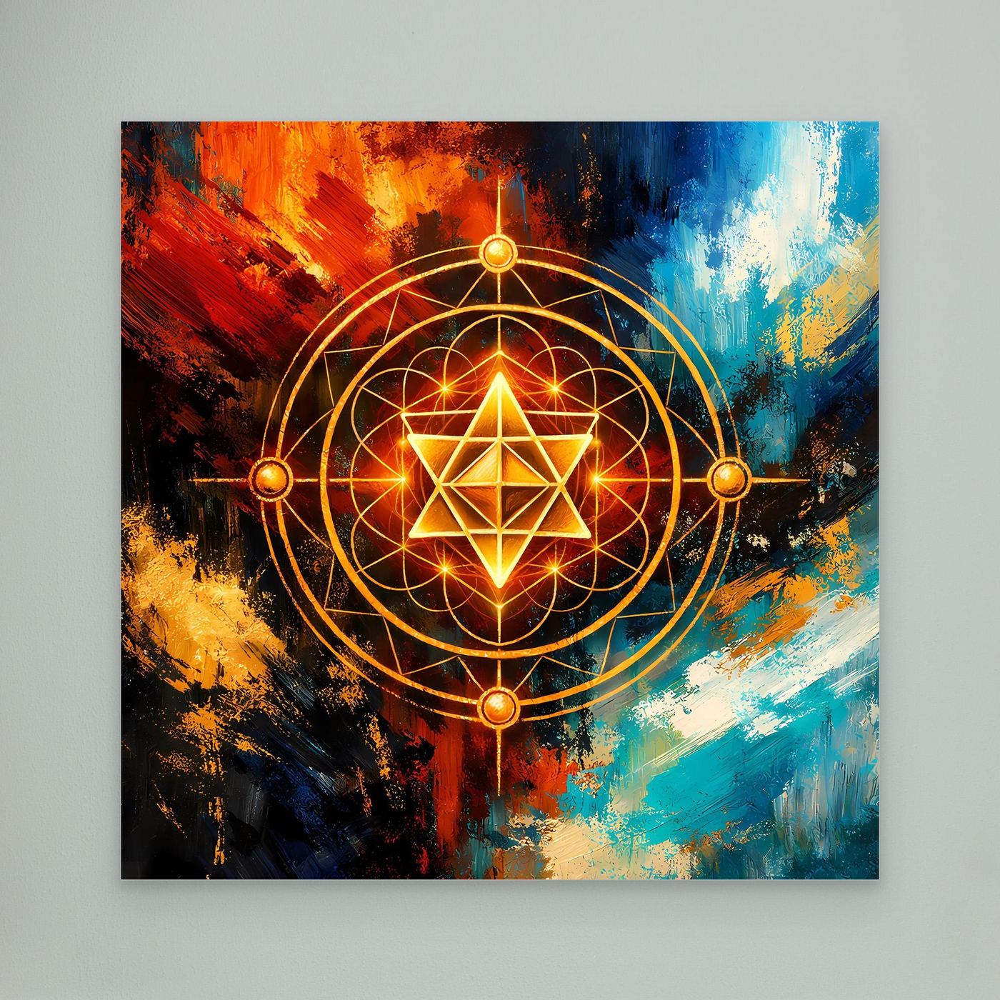 Ungeahmtes Leinwandbild mit leuchtendem Merkaba-Stern im goldenen Geometrie-Kreis