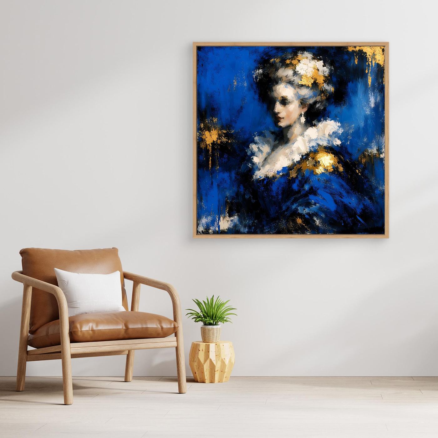 Leinwand Elegante Barock-Dame in Blau und Gold | Abstraktes Porträt Wandbild