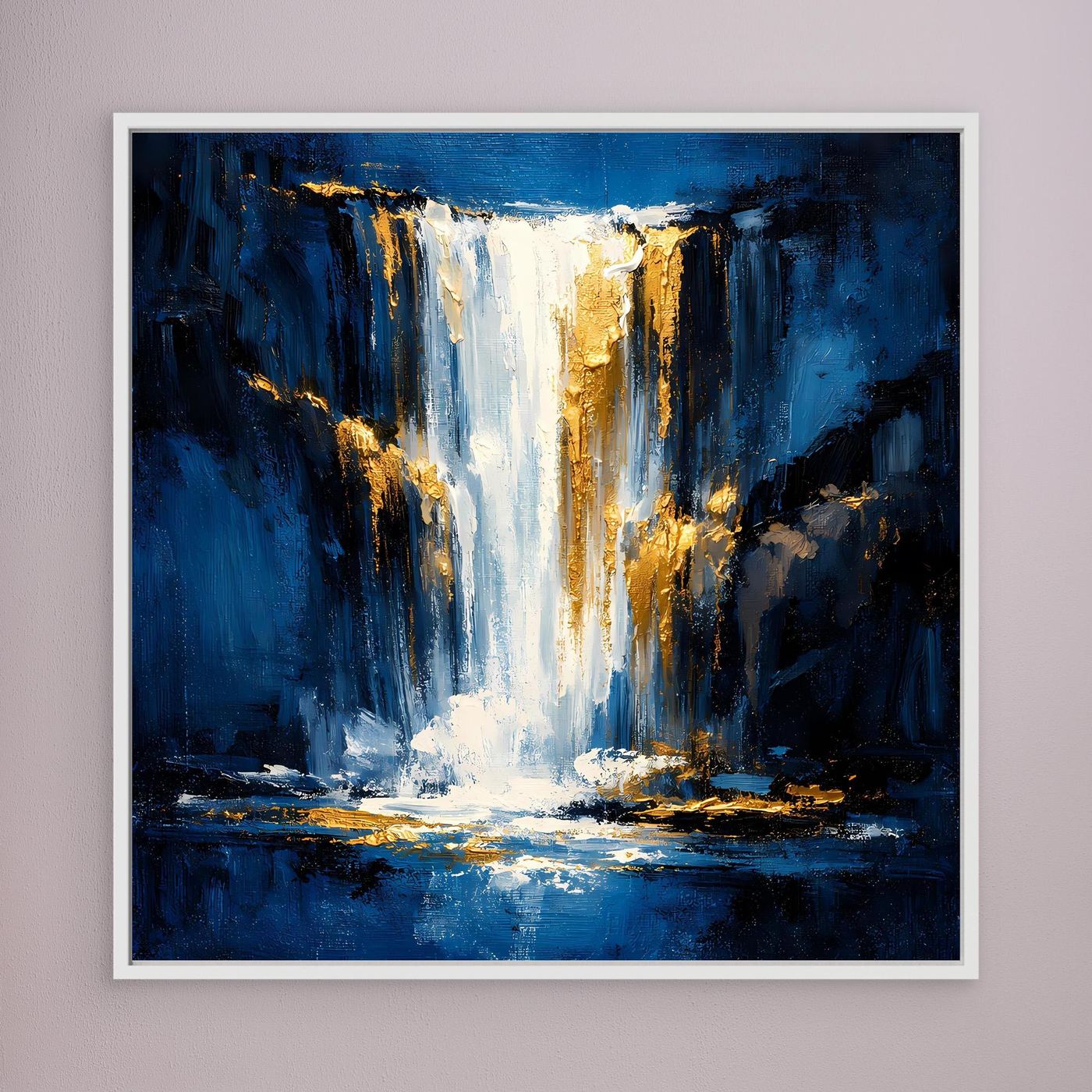 Leinwand Abstraktes Wasserfall Gemälde in Dunkelblau und Gold | Modernes Natur Wandbild