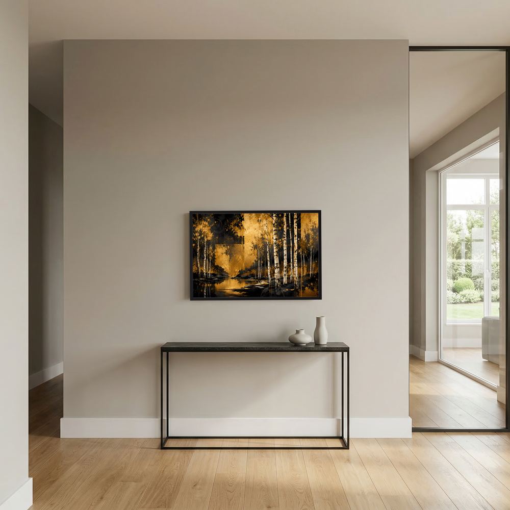 Wandposter Querformat Waldlandschaft Gold/Schwarz, schwarzer Rahmen