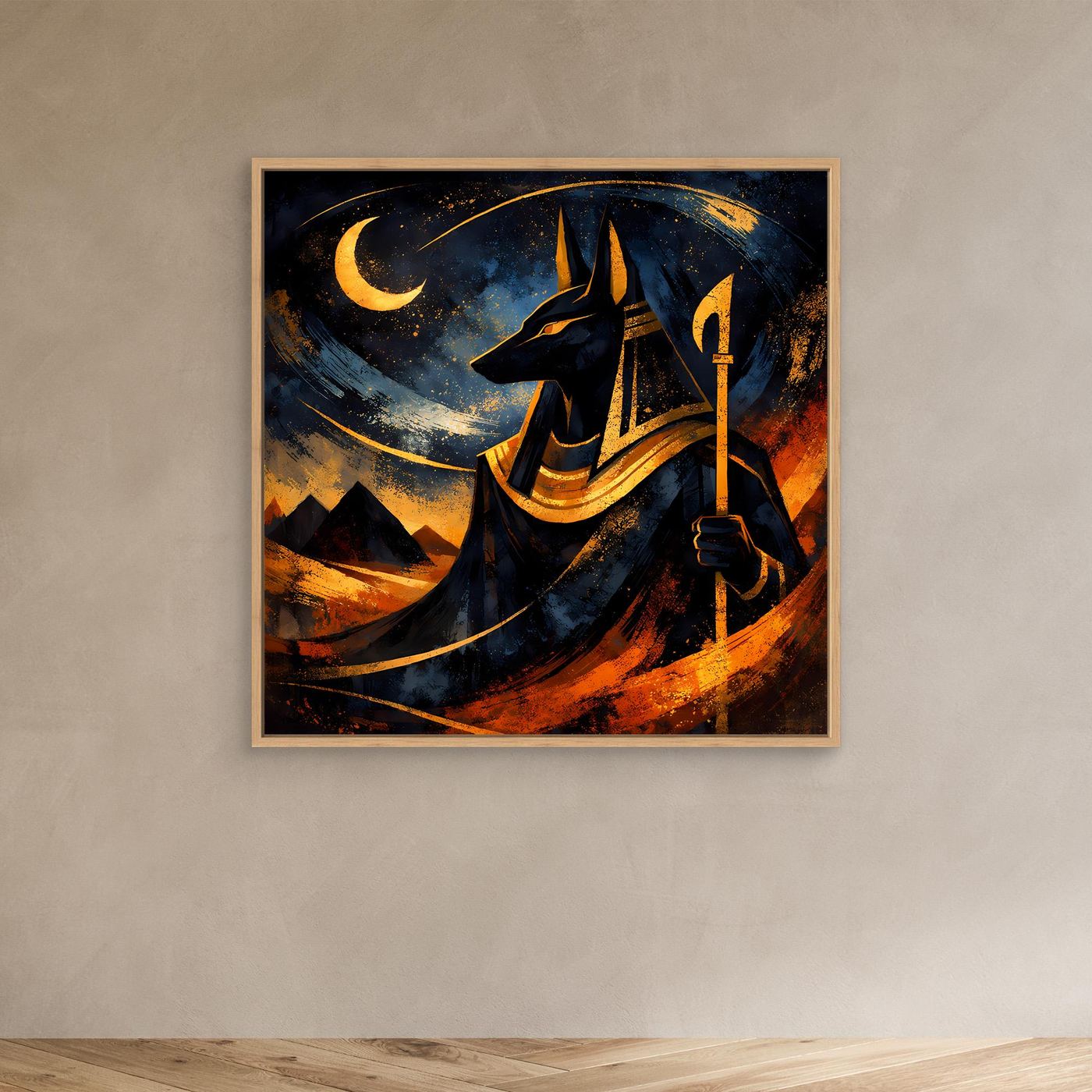 Leinwandbild mit Anubis, Mondsichel und Fackel im Nachtmotiv, Holzrahmen Eiche