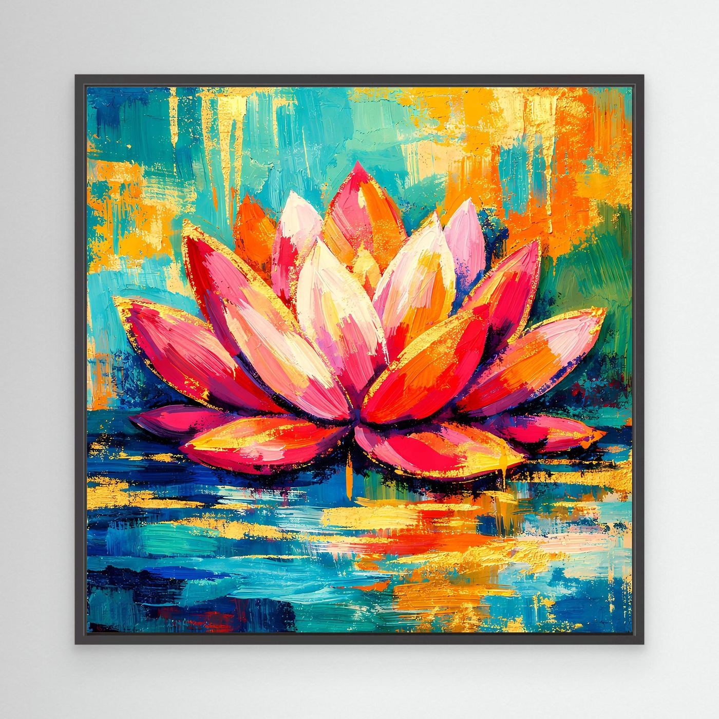 Abstraktes Lotus-Wandbild im schwarzen Rahmen, bunte Blütenblätter auf türkis-gelbem Grund