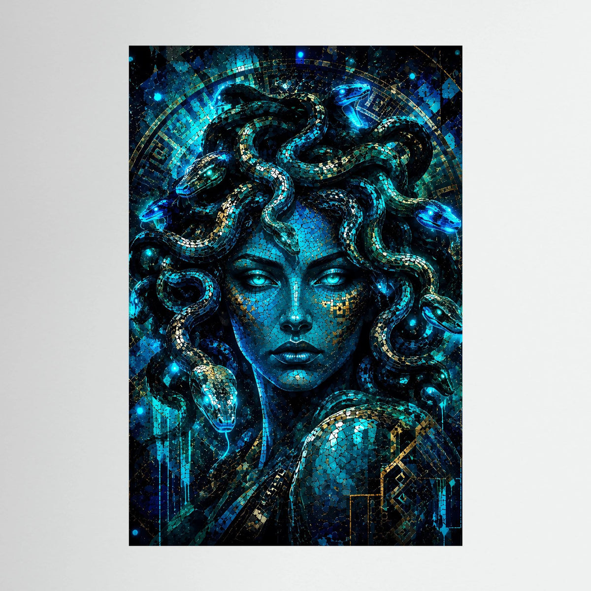 Medusa in Blau & Gold | Mystische Mosaik Kunst | Poster Hochformat