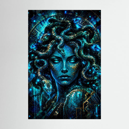 Poster mit Medusa-Mosaik: blaues Frauengesicht, goldene Akzente, ohne Rahmen