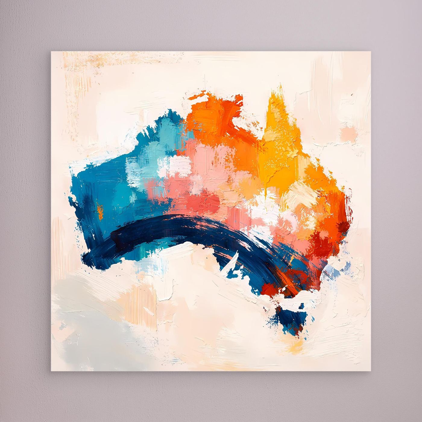 Abstract Australia map canvas, colorful blue orange yellow paint strokes and dark arc
