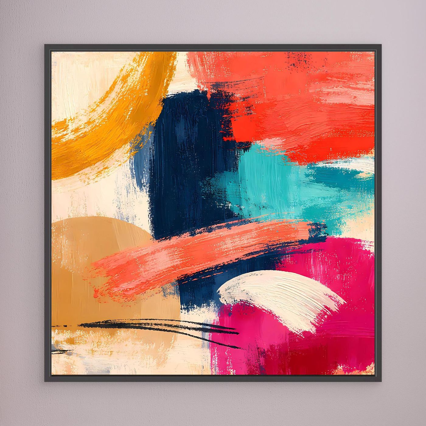 Abstraktes Leinwand-Wandbild mit breiten Pinselstrichen in Rot, Blau, Türkis, Rosa und Gelb, schwarz gerahmt