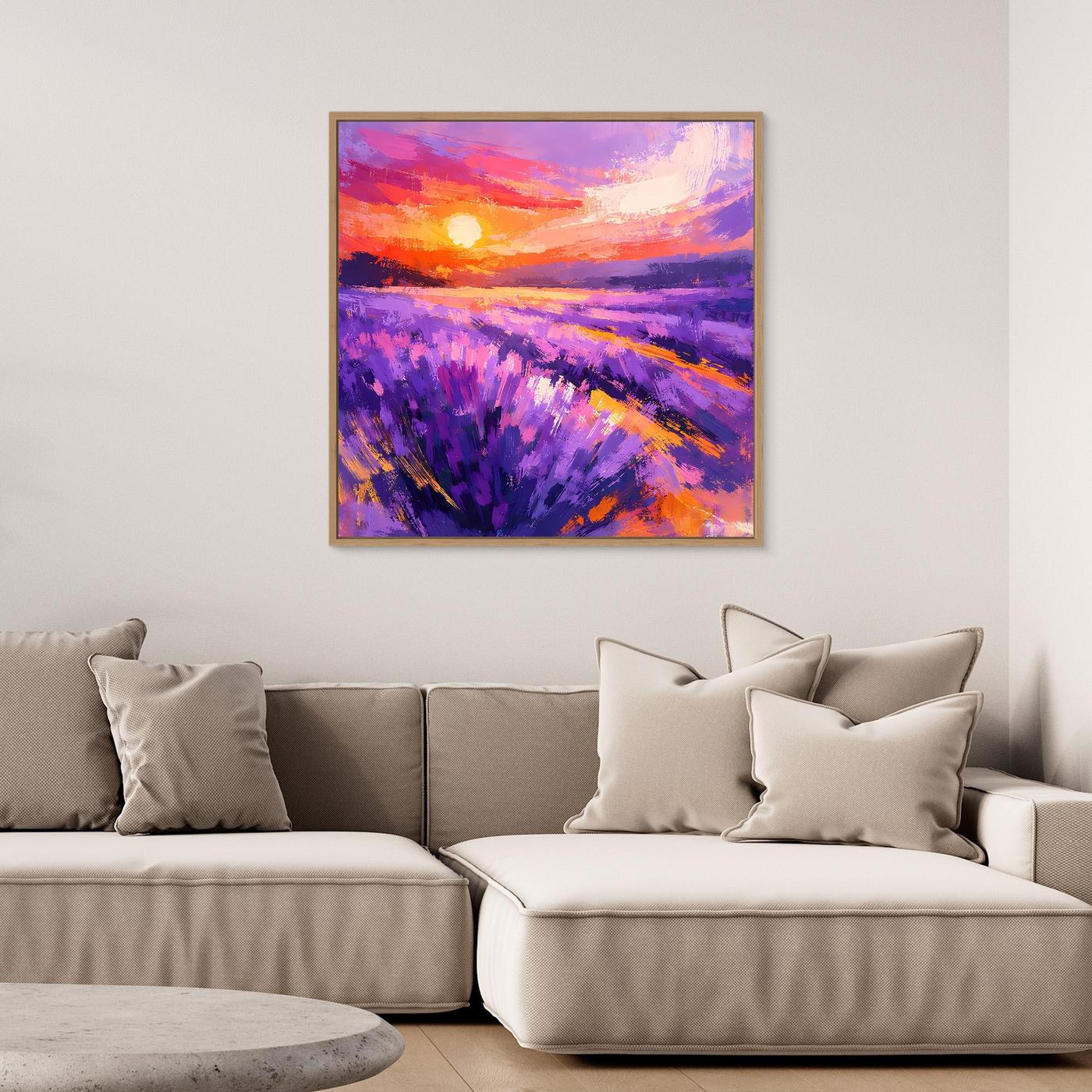 Abstract lavender field sunset canvas wall art with vivid purple landscape and orange sky