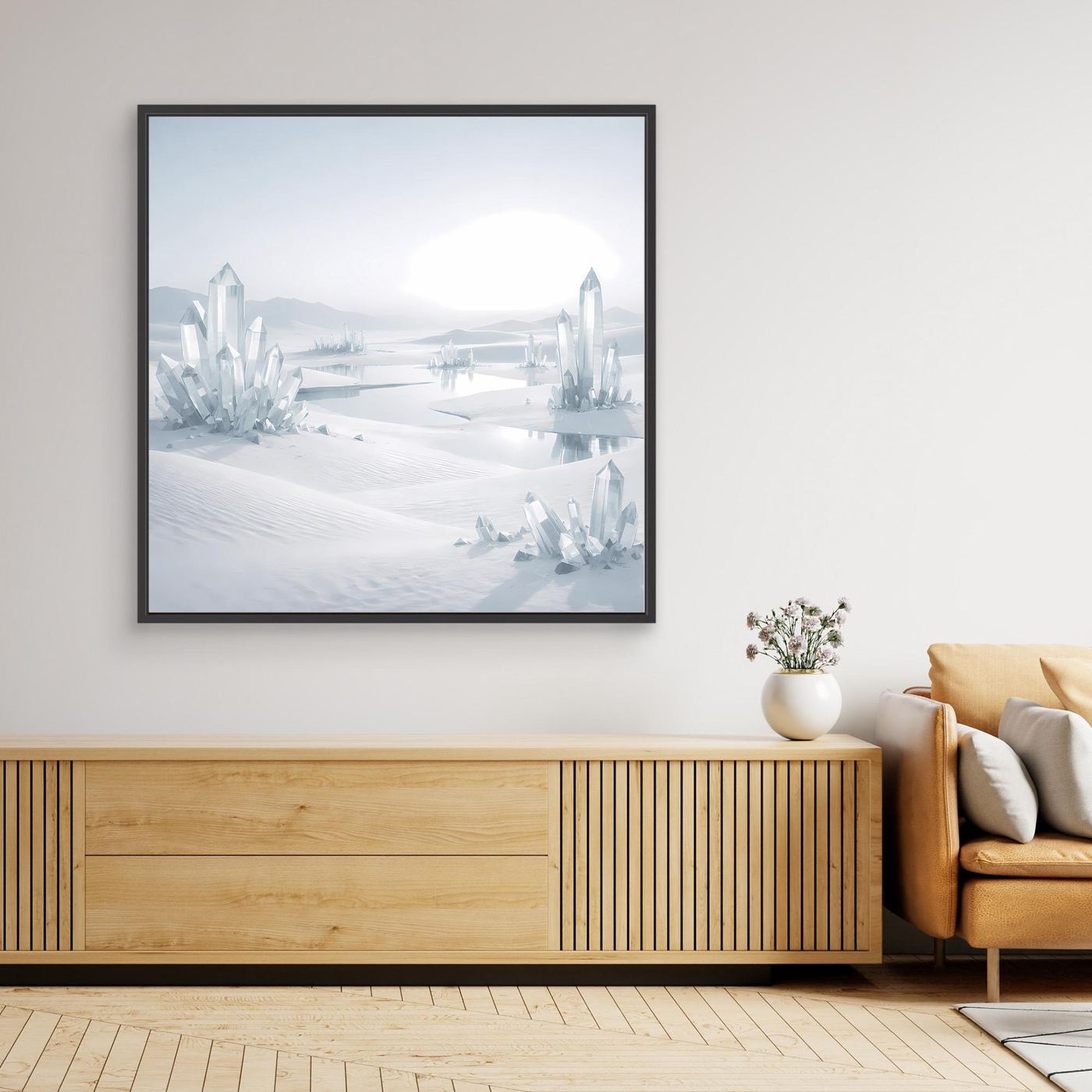 Leinwandbild Kristall-Landschaft mit schwarzem Rahmen, Eisberge im Winter