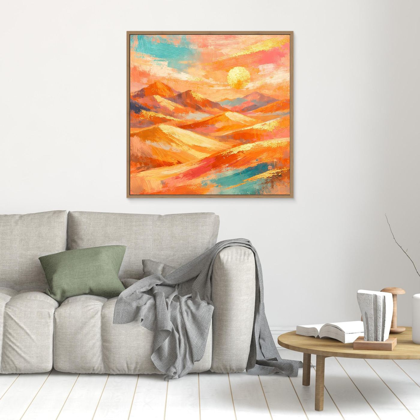 Abstraktes Leinwandbild mit braunem Rahmen, Wüstenlandschaft in Orange und Türkis