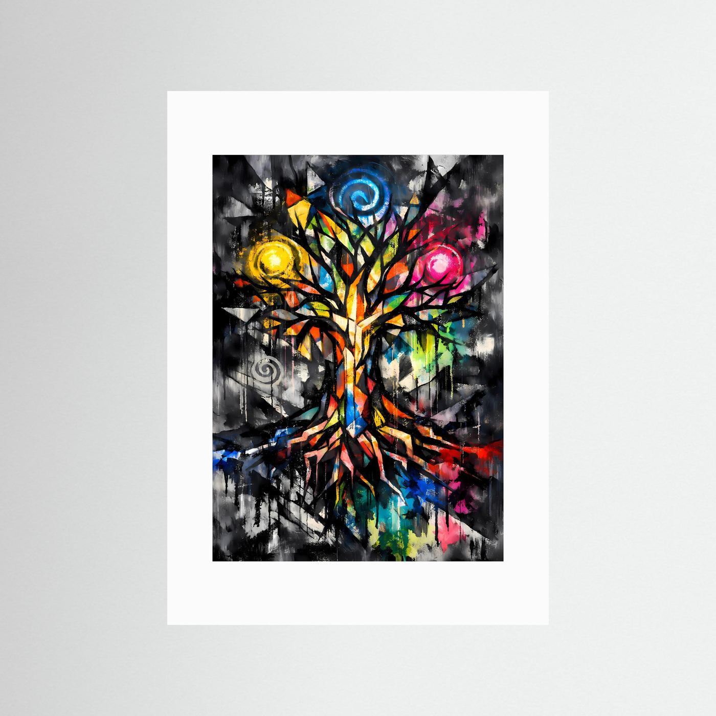 Die Energie des Lebens | Farbenfrohes Lebensbaum Poster in bunten Farben & Schwarz | Abstraktes Kunstposter Hochformat