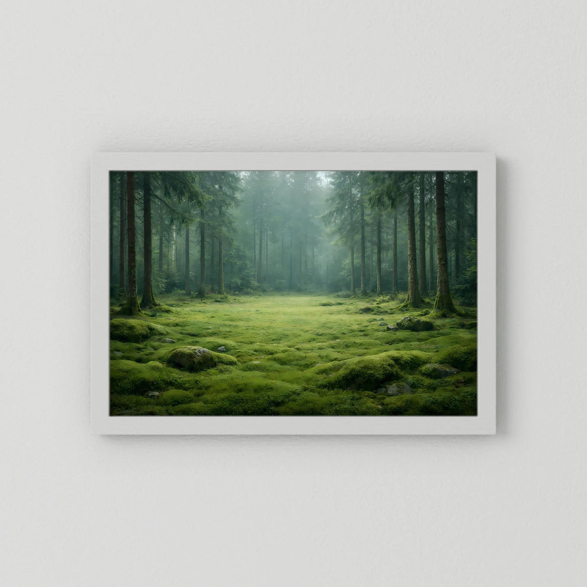 Wandbild mit weißem Rand und Waldlichtung, grünem Moos im Nebel