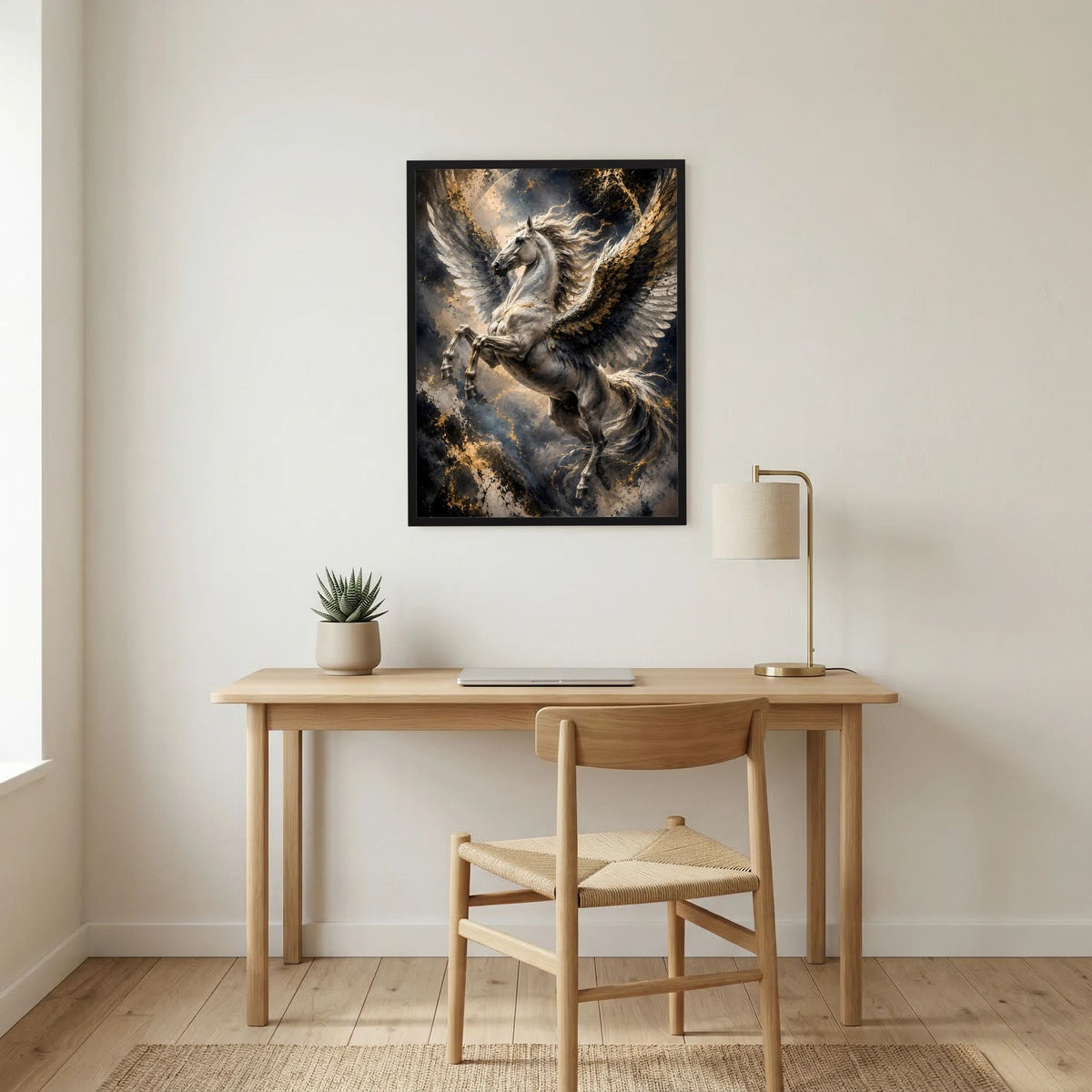 Hochformat-Poster mit schwarzem Pegasus und goldenen Flügelakzenten, im schwarzen Rahmen