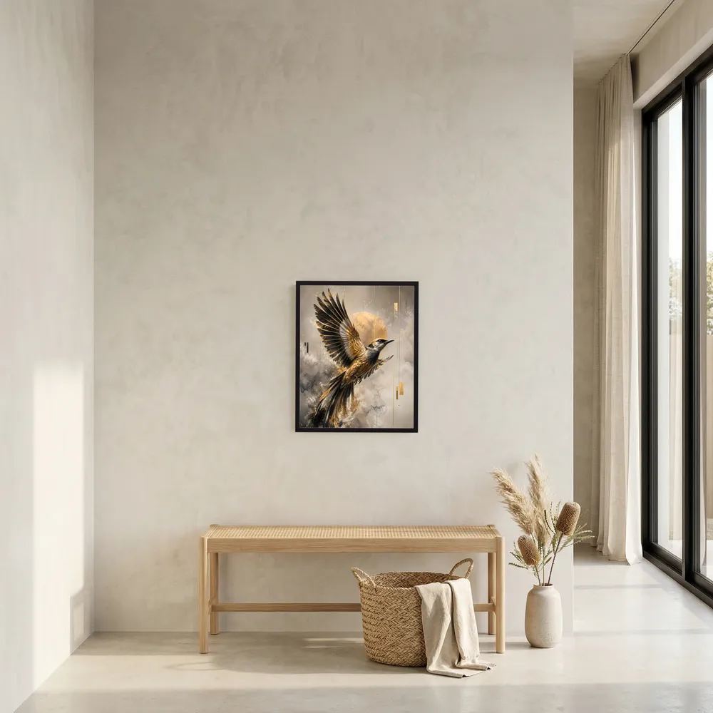 Kleines Vogelkunstposter im schwarzen Rahmen an heller Wand