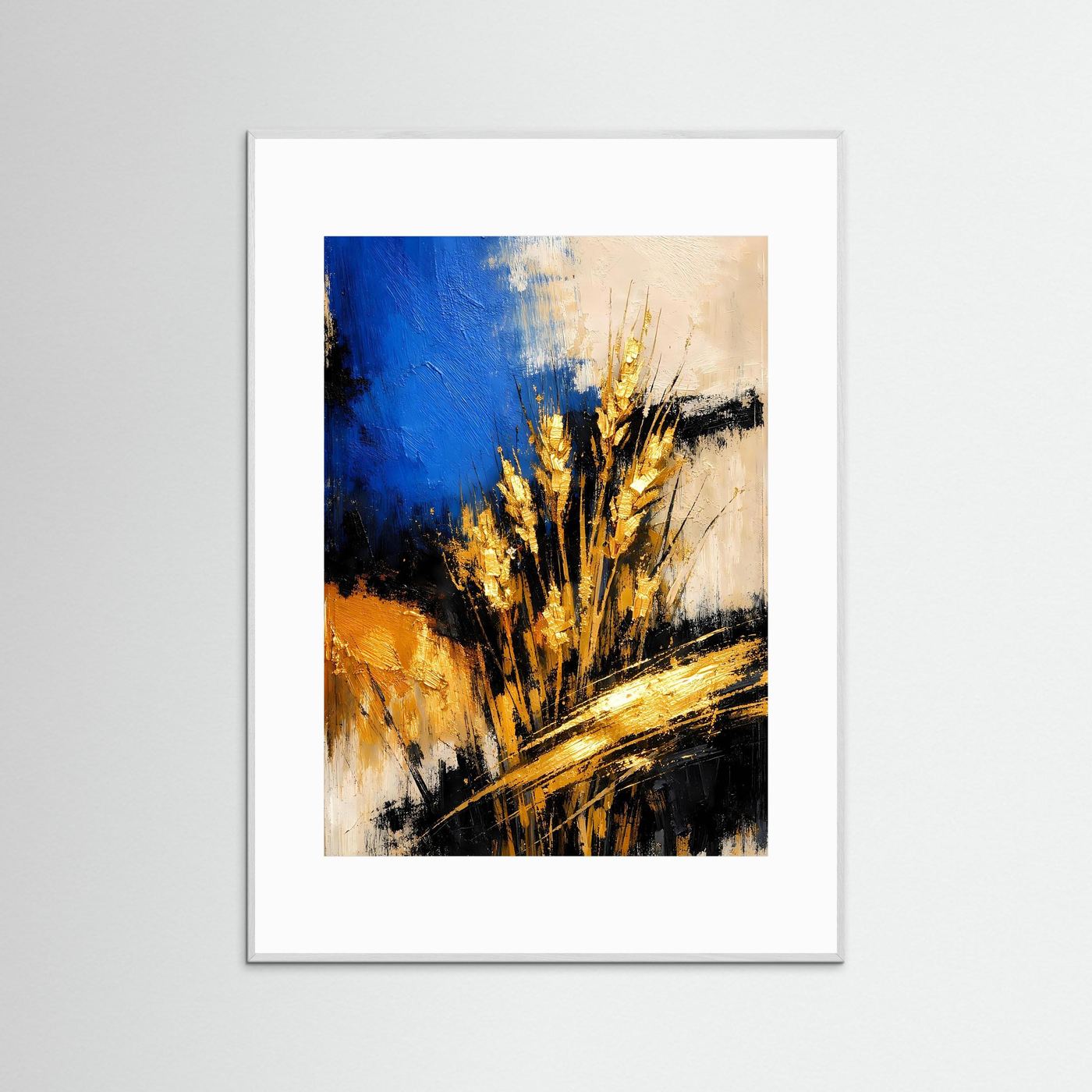 Kunstposter mit abstrakten goldenen Kornähren im weißen Rahmen