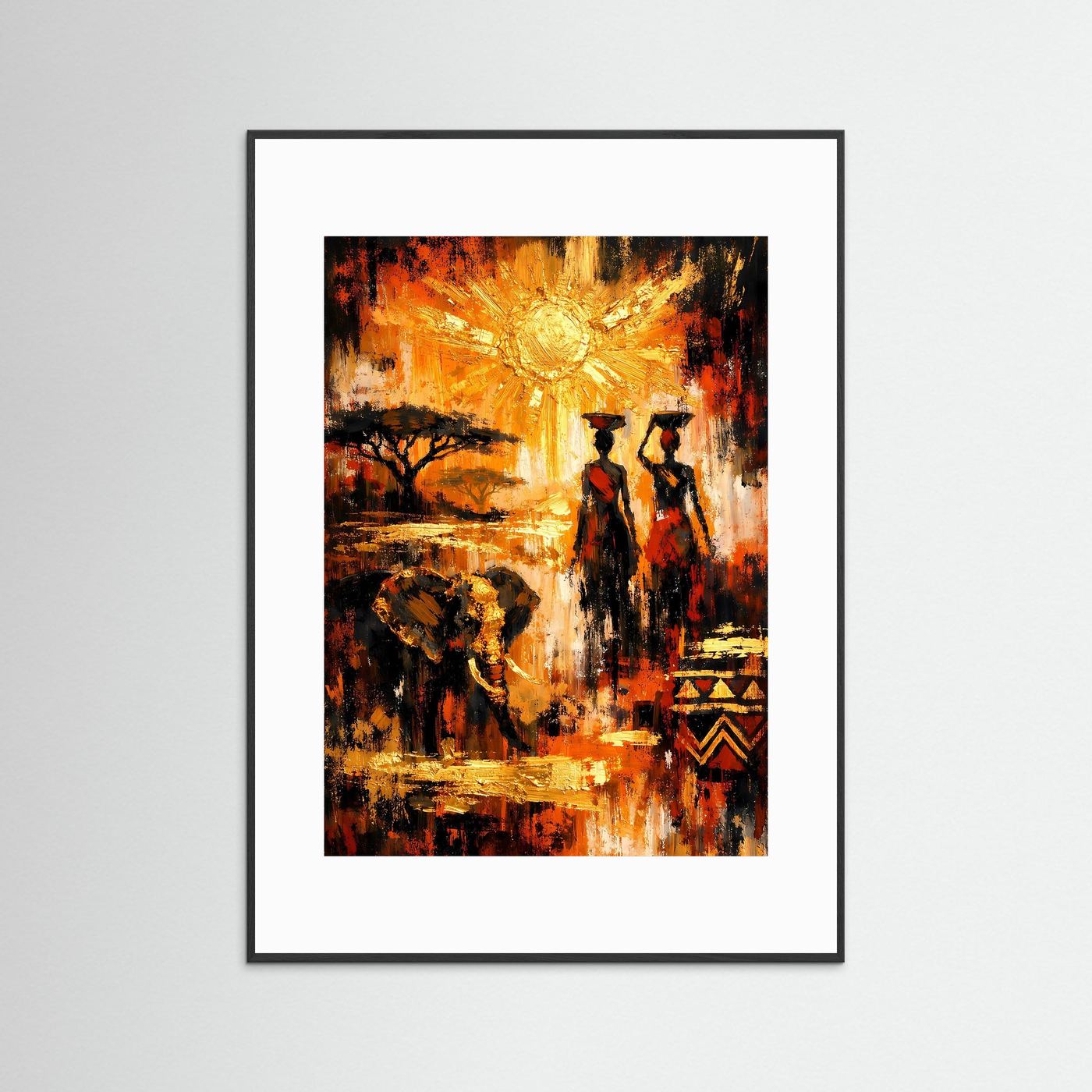 Ethno-Kunstposter im Hochformat mit goldener Sonne, zwei Figuren und Baum, weißes Passepartout