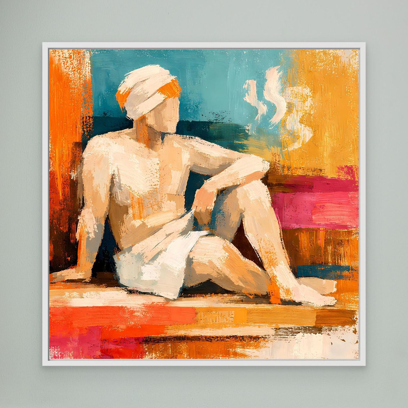 Abstract canvas wall art with seated figure, teal and orange paint, white frame