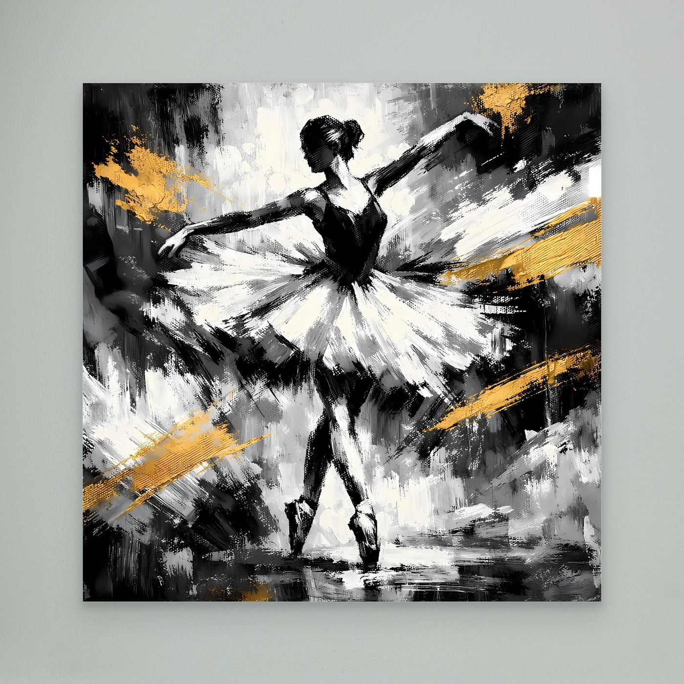 Abstraktes Leinwandbild mit Ballerina in Schwarz-Weiß mit goldenen Pinselstrichen, schwarzer Rahmen